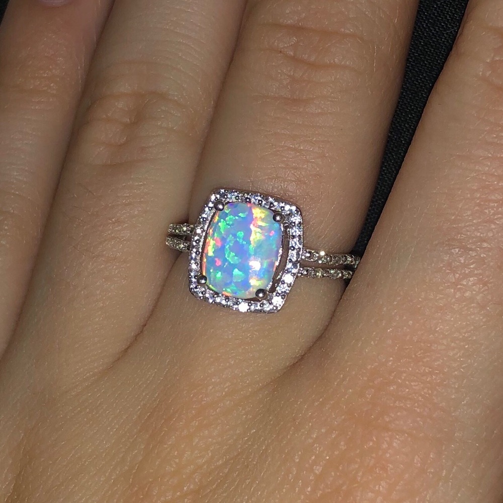 Fire Opal Ring Square Halo Silver